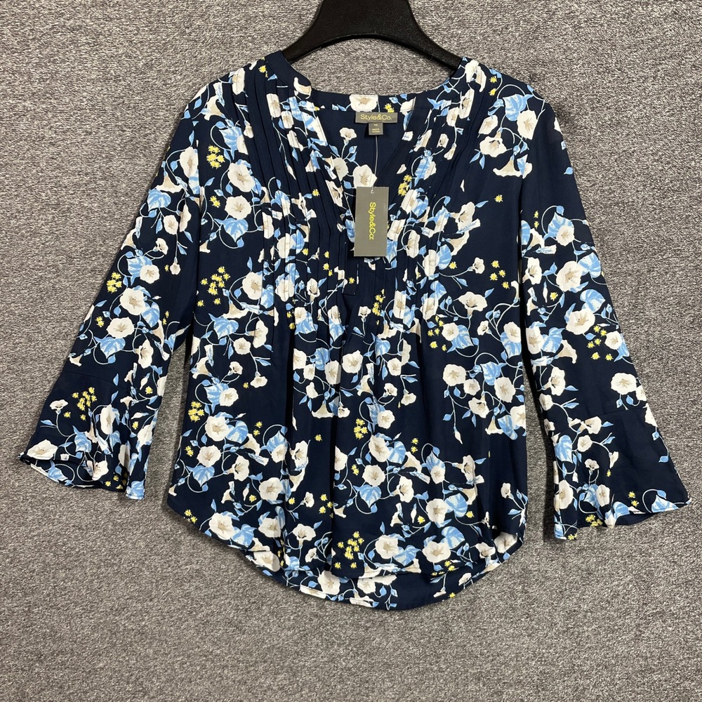 Style & Co Womens Pintuck Blouse Navy‎ Floral Bell Sleeve Top XS 100204641MS
